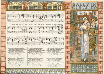"Sally in our Alley", ilustrace písně z knihy "Pan-Pipes", A Book of Old Songs, Newly Arranged and with Accompaniments by Theo. Marzials, vydáno v Londýně nakladatelstvím George Routledge und Sons, 1884 (barevná li